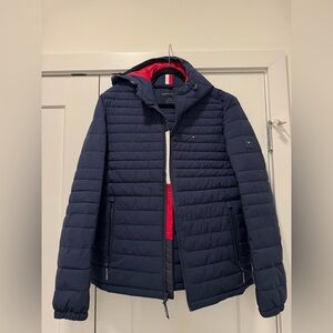 Tommy Hilfiger Men's Navy Puffer Jacket with Red Interior